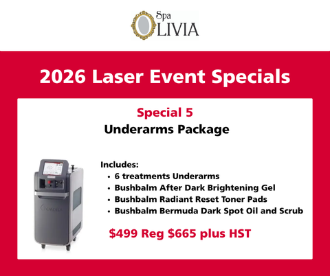 Laser Event Show Special 2026  # 5 Underarms plus Bushbalm Bermuda Scrub and Oil, Toner Pads & Brightening gel